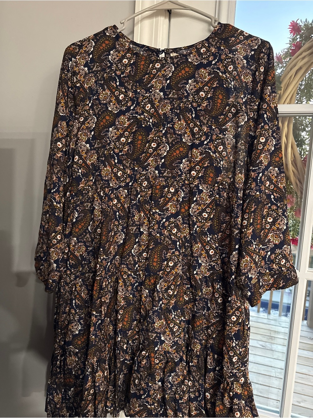 NATURAL LIFE Navy Paisley Tiered Long Sleeve Dress with Rust & Cream Accents
